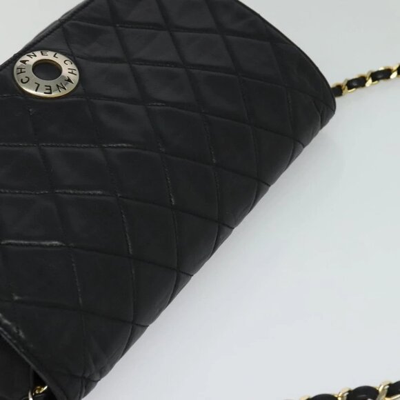CHANEL Matelasse Chain Shoulder Bag Lamb Skin Black Gold CC Auth PP673 - Picture 7 of 14